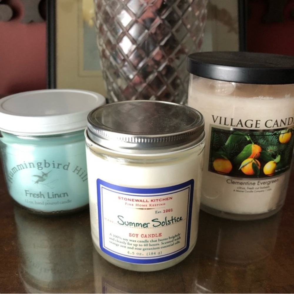 Set of 3 candles, one soy, one hand-poured, one village candle